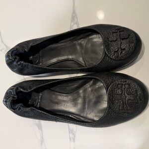 Tory Burch Black Flats with Medallion Logo